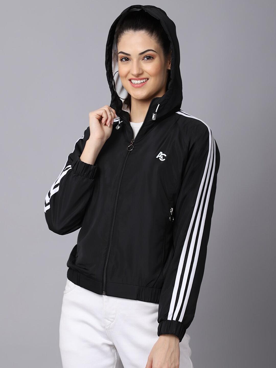 

ANTI CULTURE Women Striped Windcheater Outdoor Sporty Jacket, Black
