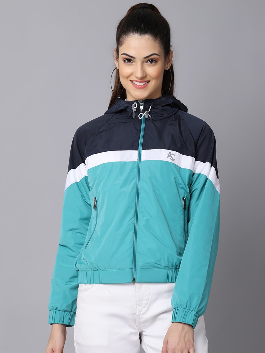 

ANTI CULTURE Women Colourblocked Windcheater Outdoor Sporty Jacket, Sea green