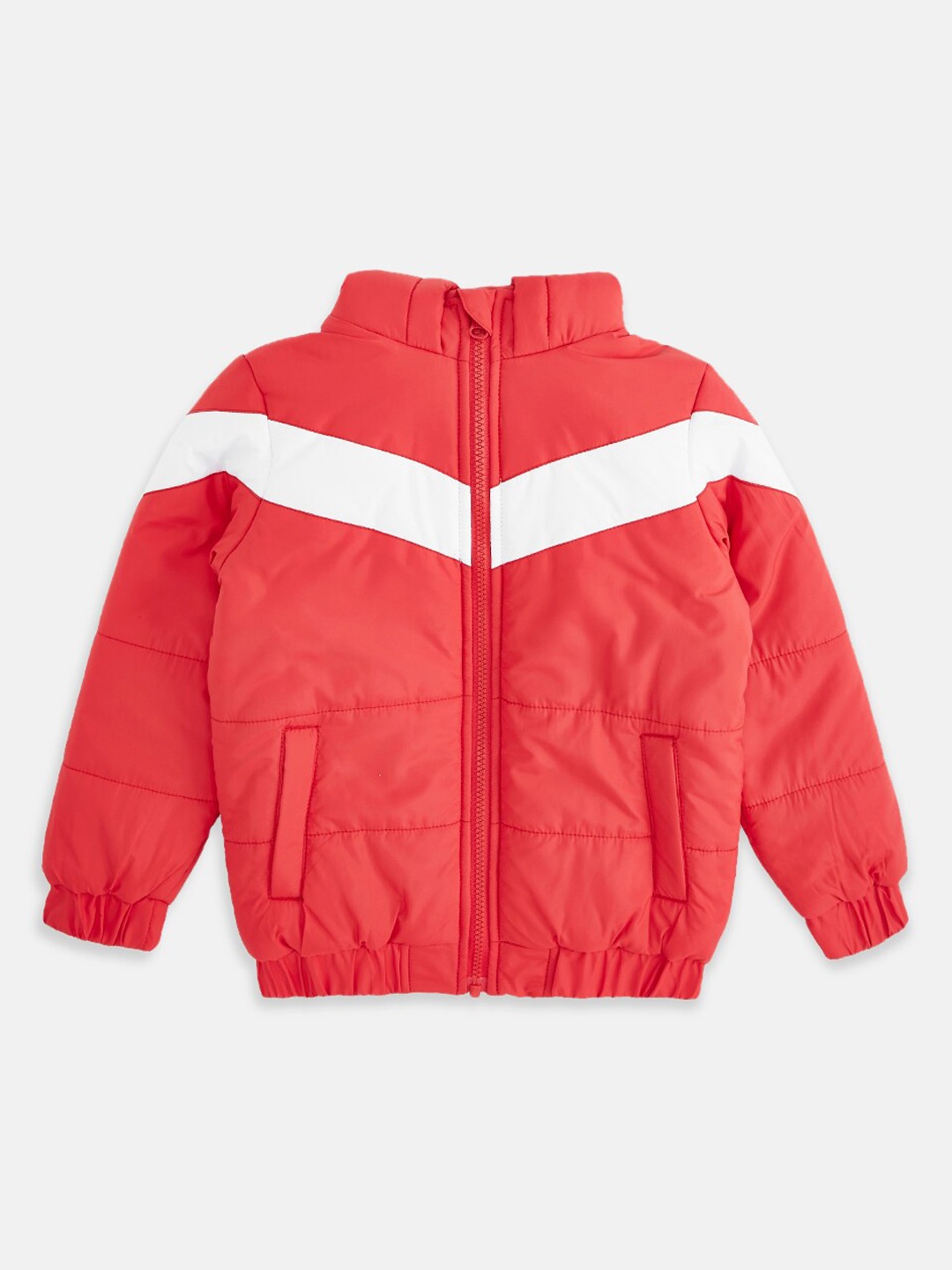 

Pantaloons Junior Boys Striped Puffer Jacket, Red