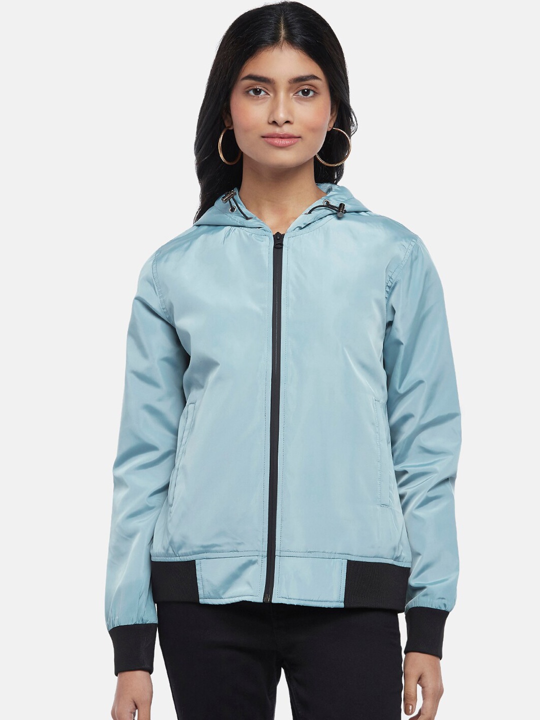 

People Women Colourblocked Bomber Jacket, Blue