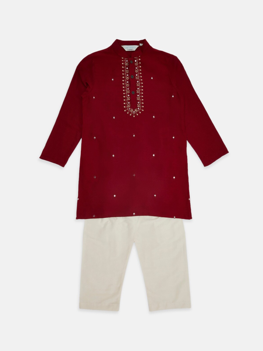 

indus route by Pantaloons Boys Maroon Embroidered Mirror Work Kurta with Pyjamas