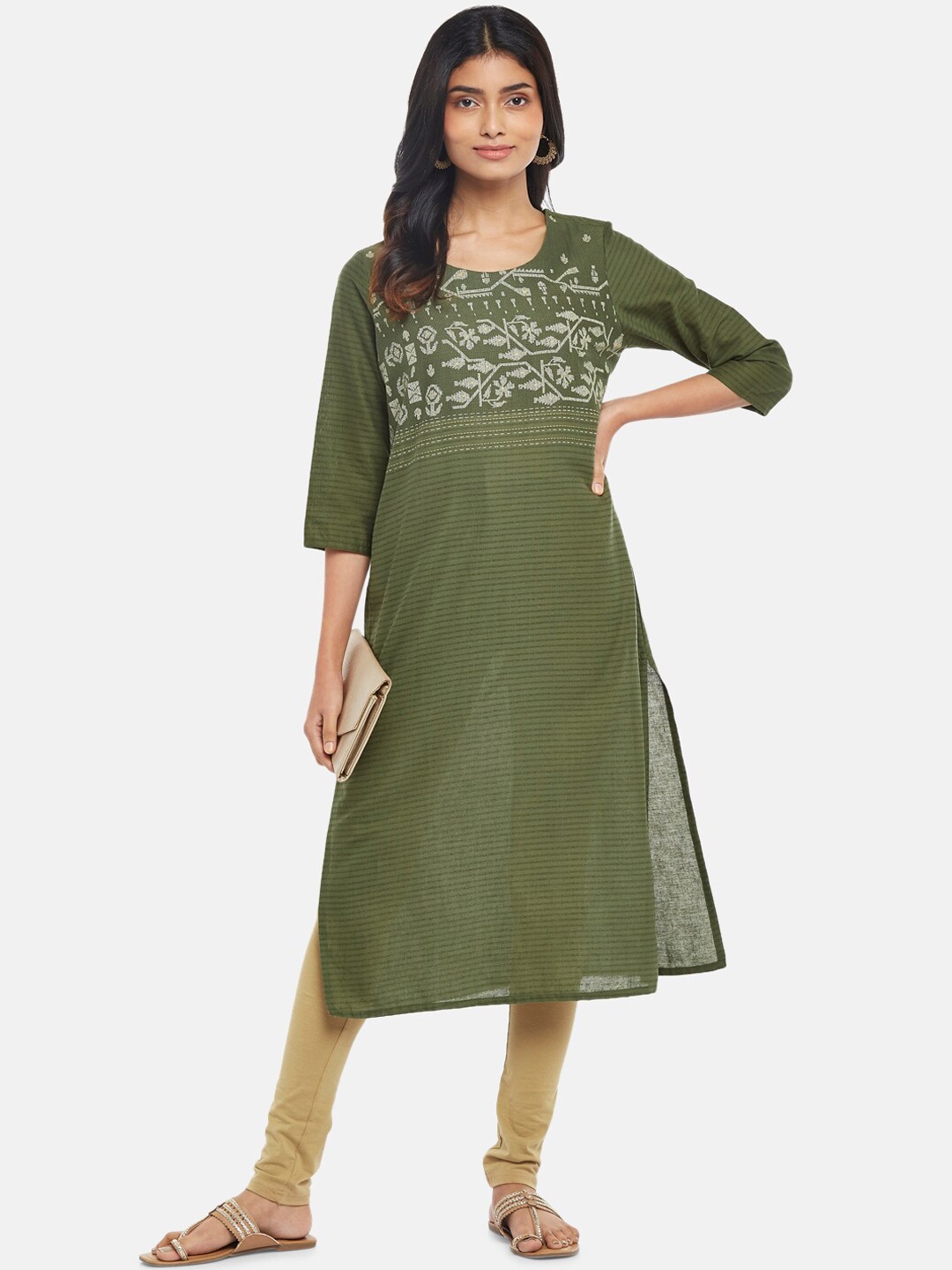 

RANGMANCH BY PANTALOONS Women Olive Green & White Pure Cotton Floral Thread Work Kurta