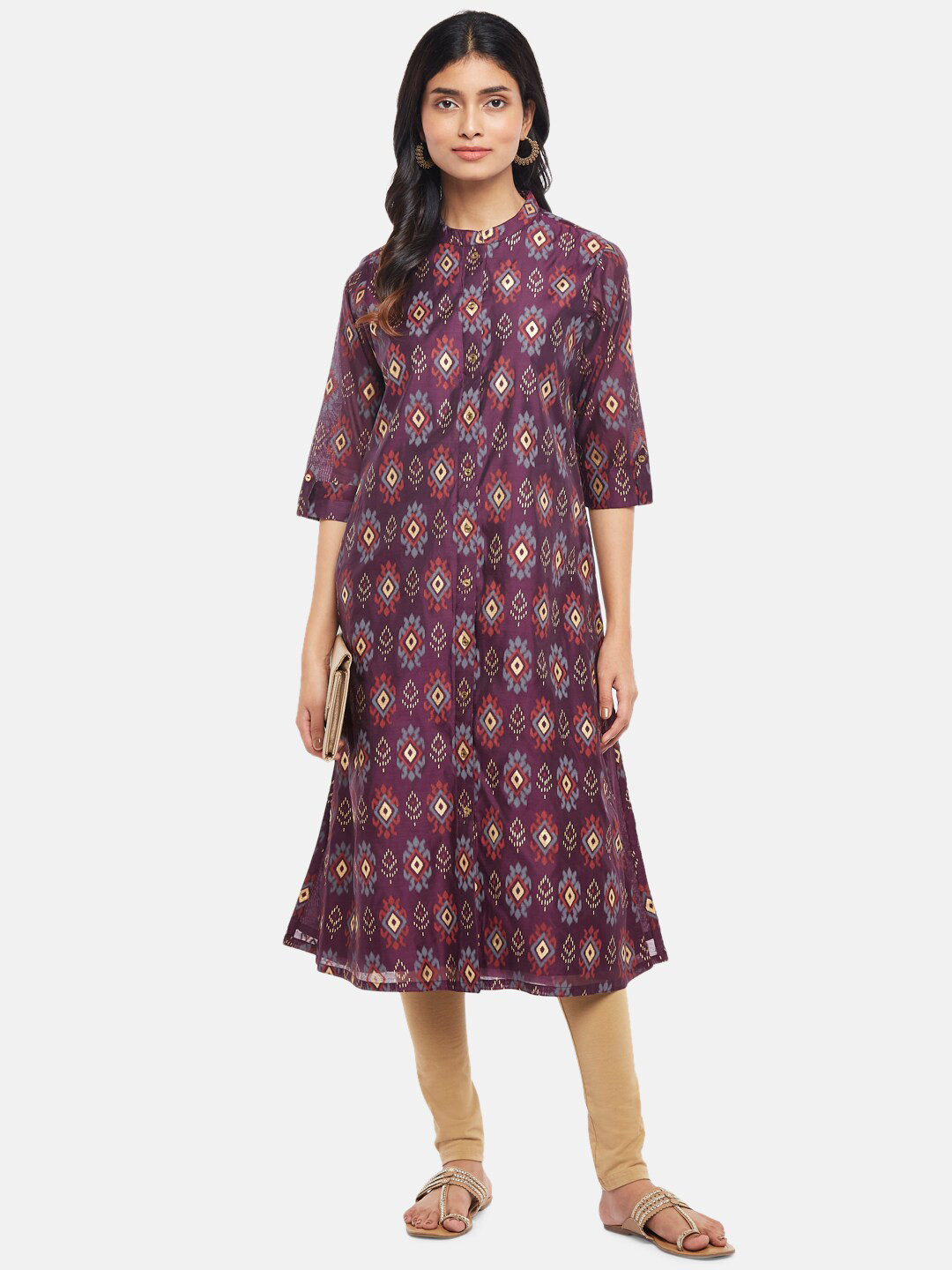 

RANGMANCH BY PANTALOONS Women Purple & Beige Ethnic Motifs Printed Chanderi Silk Kurta