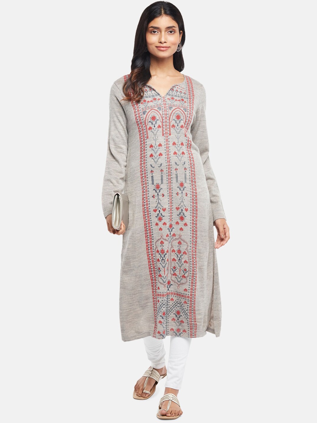 

RANGMANCH BY PANTALOONS Women Grey Ethnic Motifs Embroidered Kurta