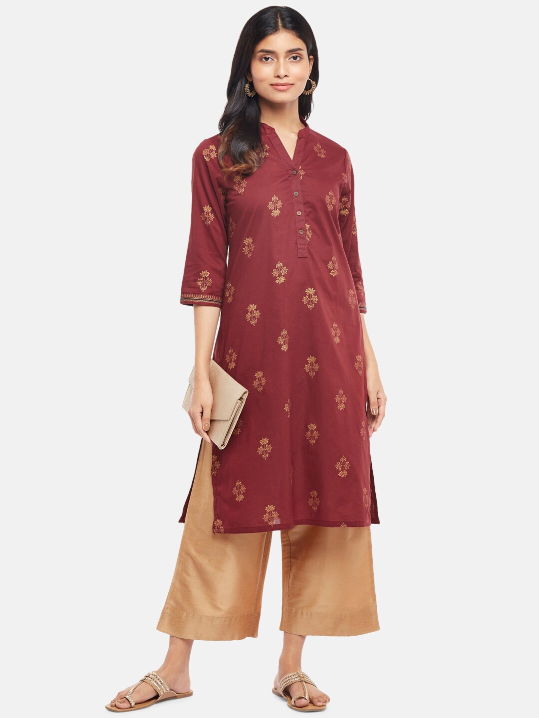 

RANGMANCH BY PANTALOONS Women Red & Gold-Toned Floral Printed Kurta