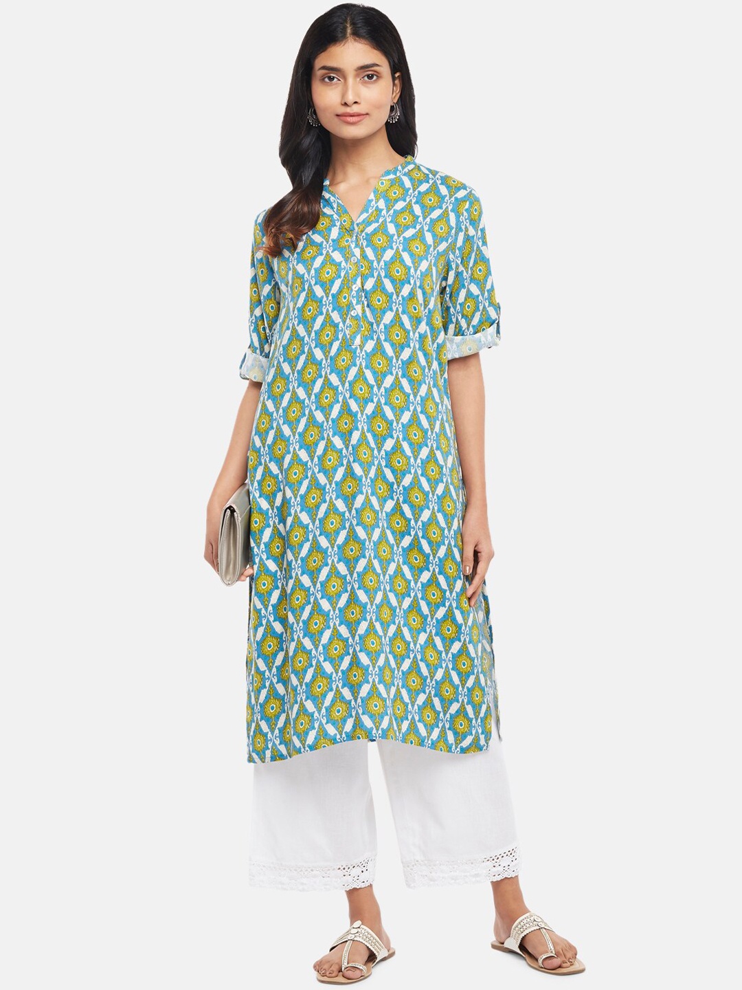 

RANGMANCH BY PANTALOONS Women Blue & Yellow Ethnic Motifs Printed Kurta