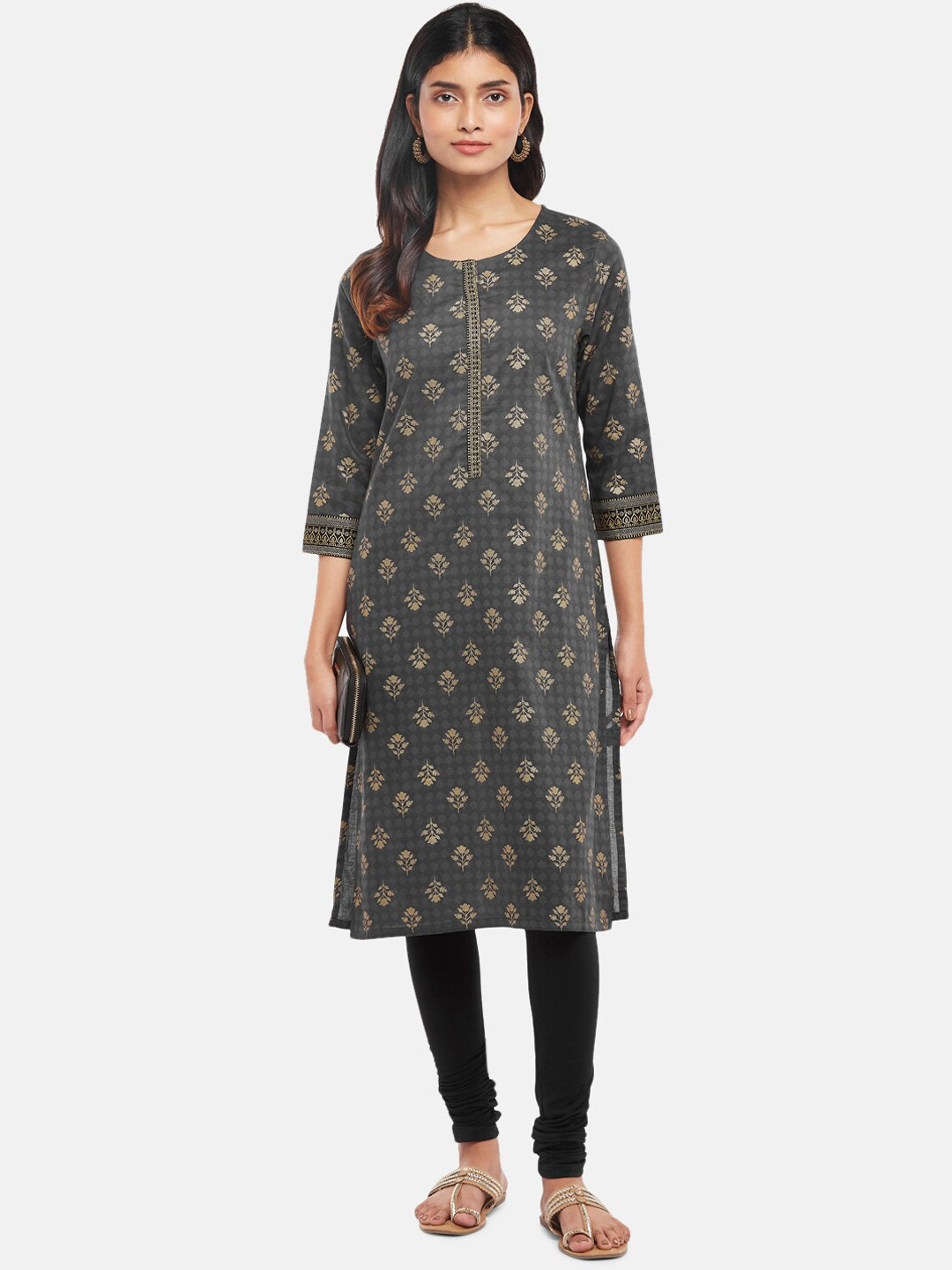 

RANGMANCH BY PANTALOONS Women Charcoal Ethnic Motifs Printed Mirror Work Kurta