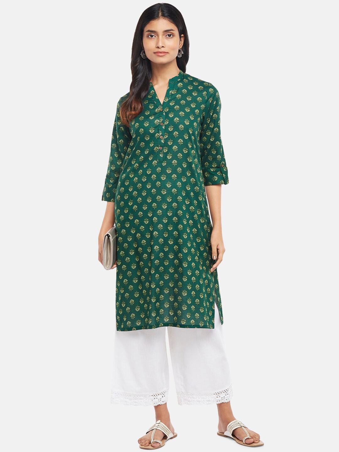 

RANGMANCH BY PANTALOONS Women Green Ethnic Motifs Printed Rolled Up Sleeves Cotton Kurta