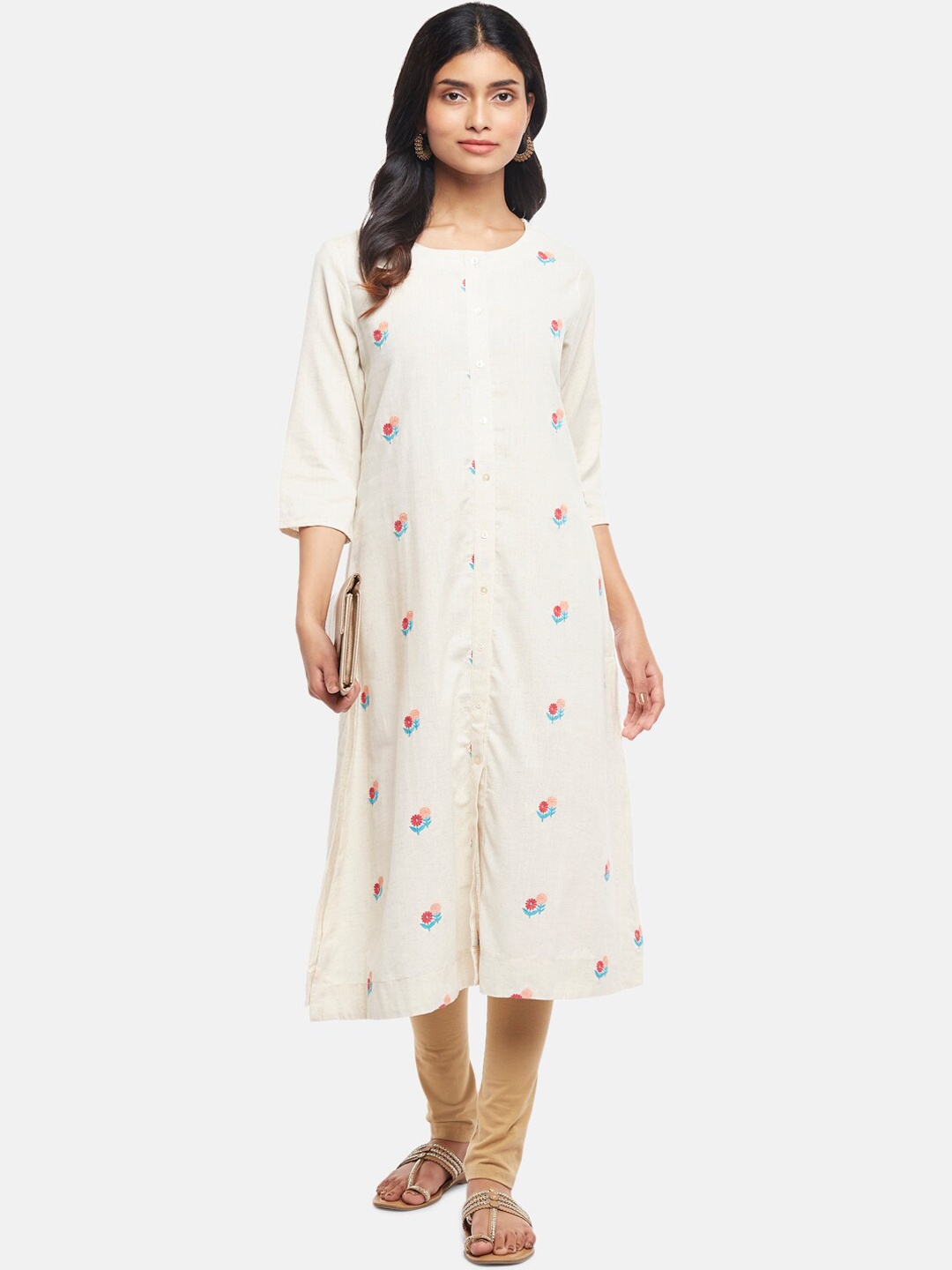

RANGMANCH BY PANTALOONS Women Off White & Pink Floral Embroidered Kurta