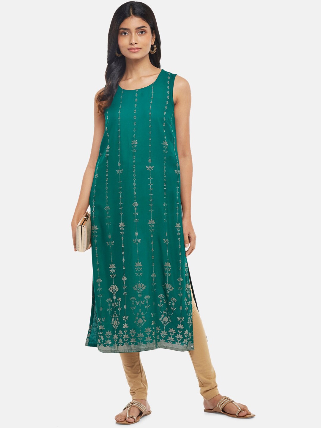 

RANGMANCH BY PANTALOONS Women Green Printed Sleeveless Straight Kurta