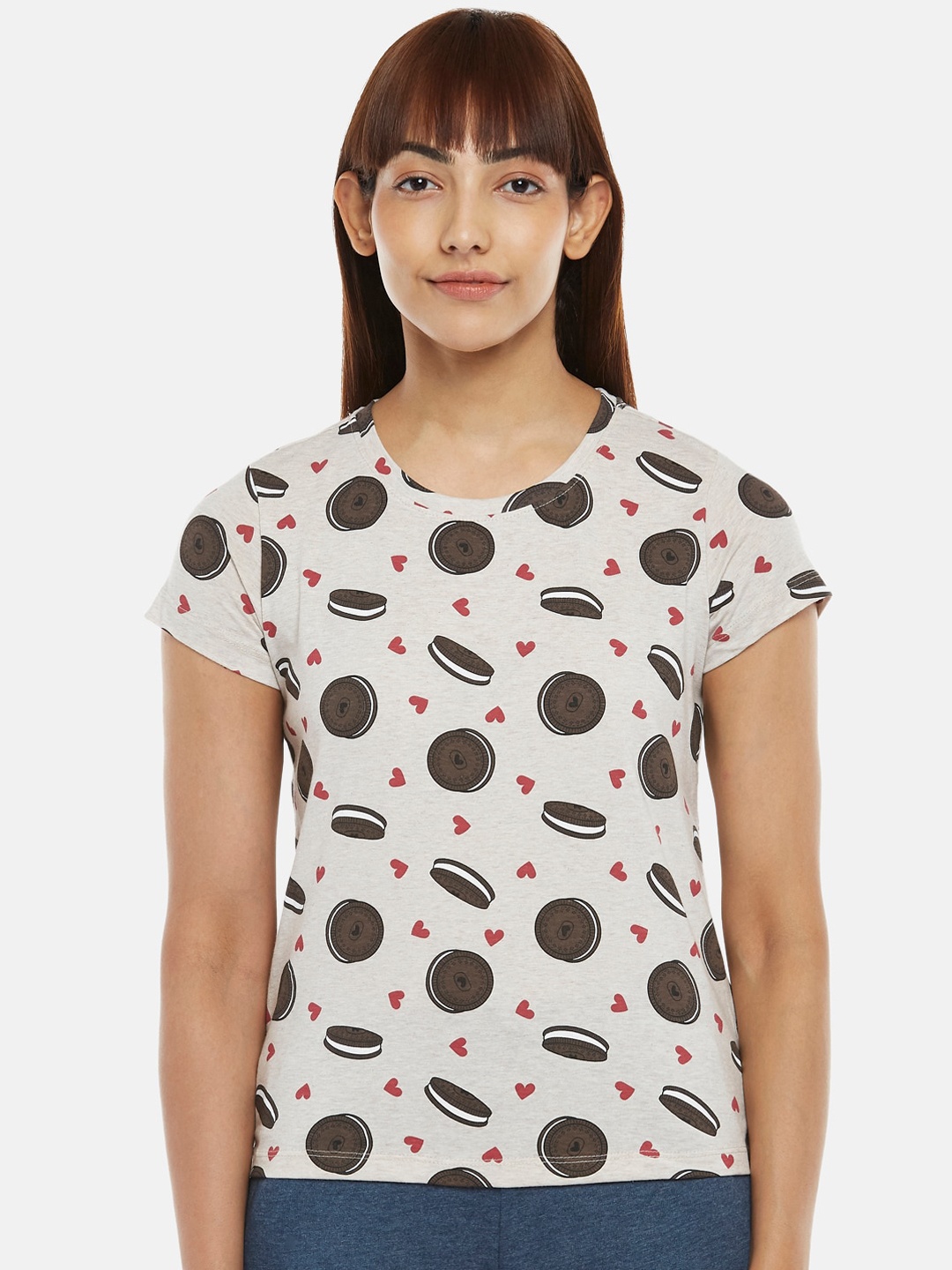 

Dreamz by Pantaloons Women Printed Cotton Lounge Tshirts, Grey