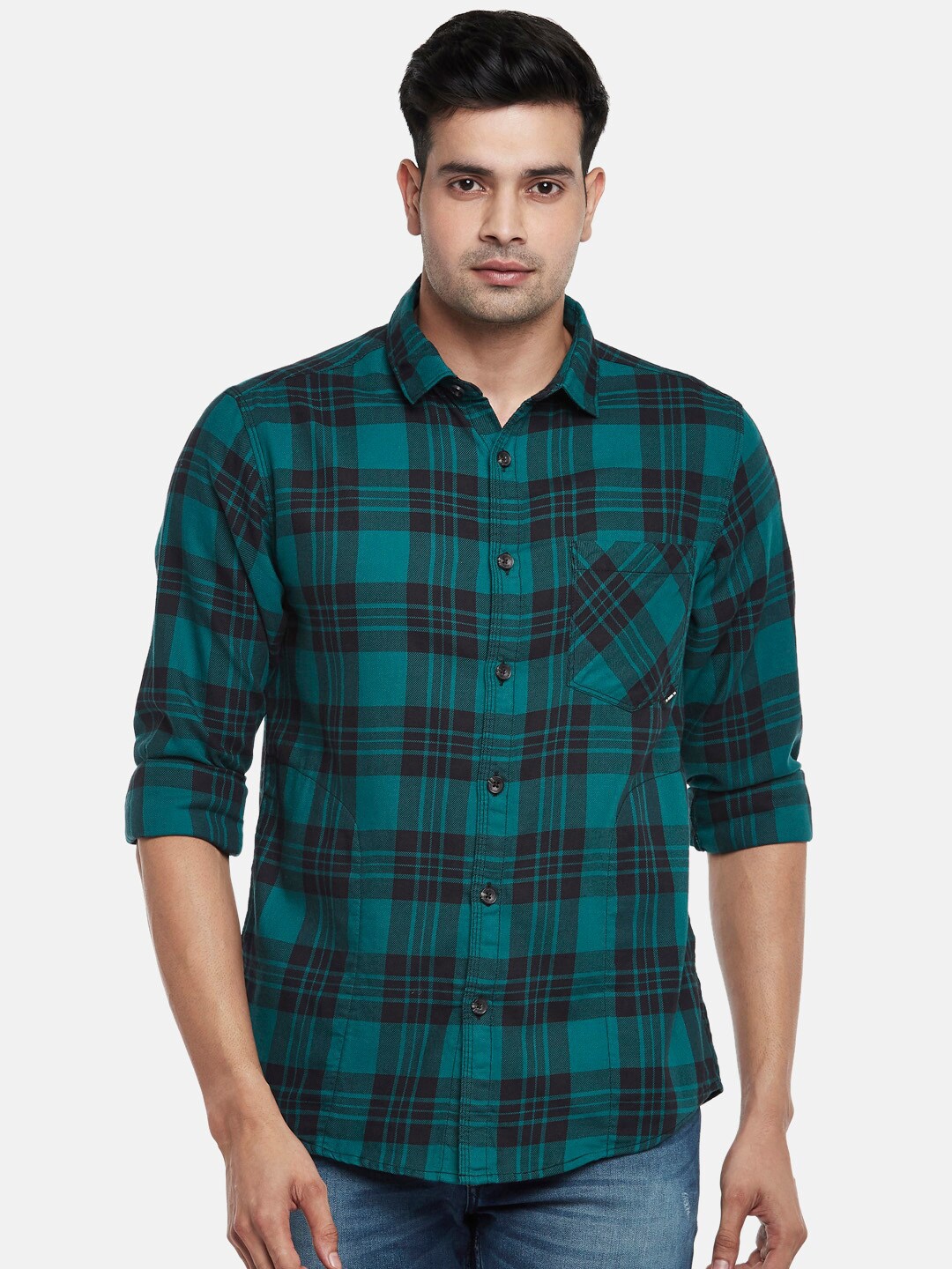 

SF JEANS by Pantaloons Men Slim Fit Tartan Checked Casual Shirt, Turquoise blue