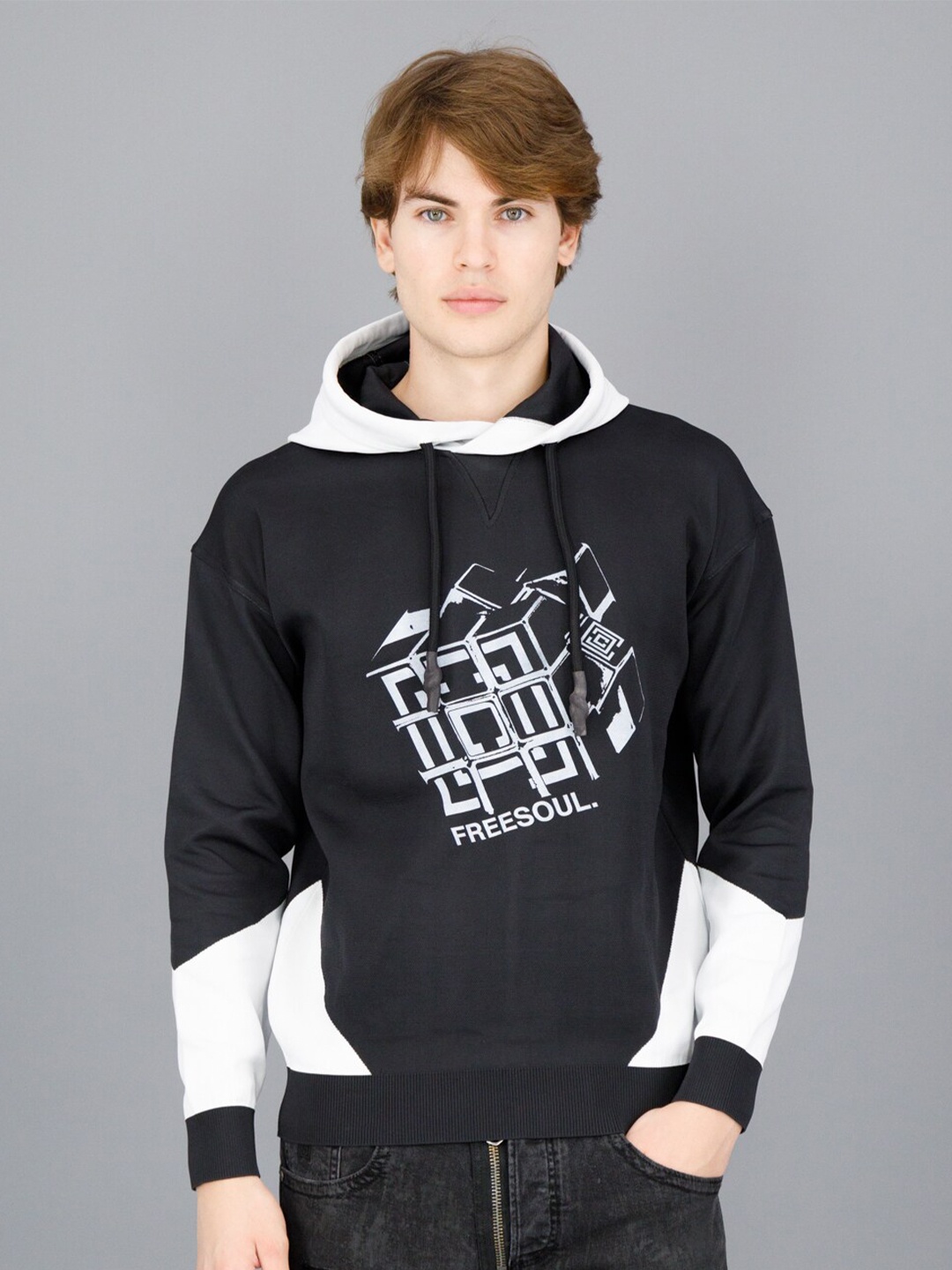 

FREESOUL Men Printed Hooded Sweatshirt, Black