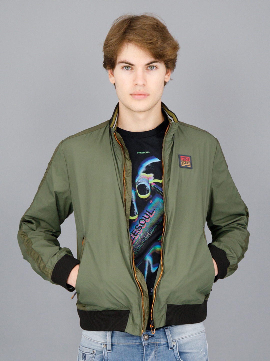 

FREESOUL Men Bomber with Embroidered Jacket, Olive
