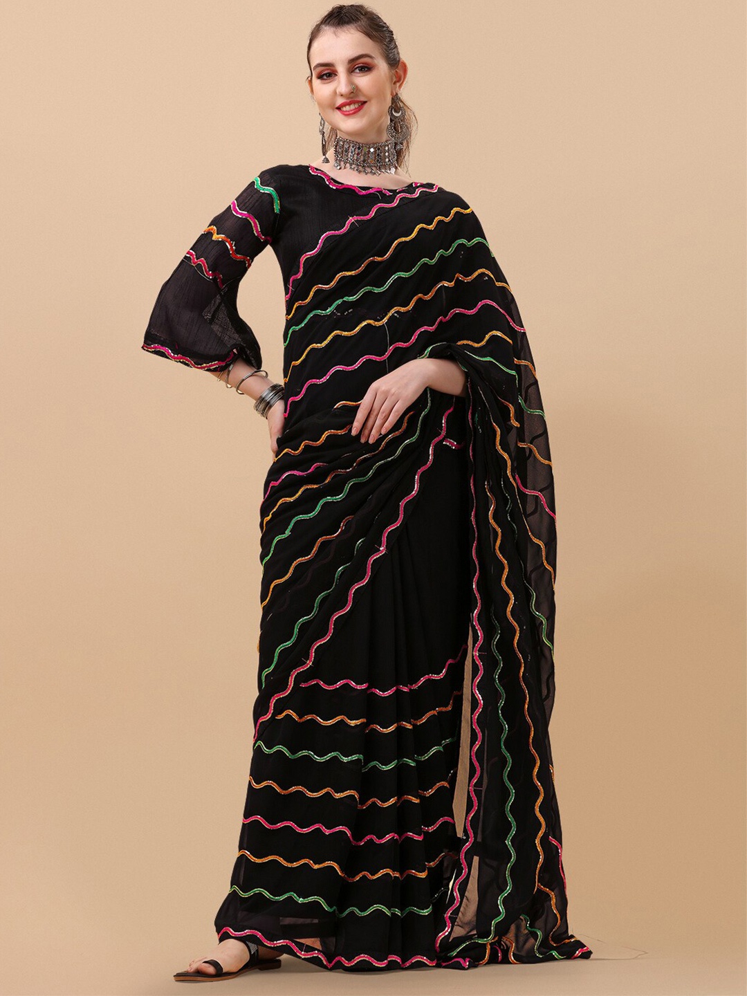 

Sangria Striped Embroidered Pure Georgette Heavy Work Saree, Black