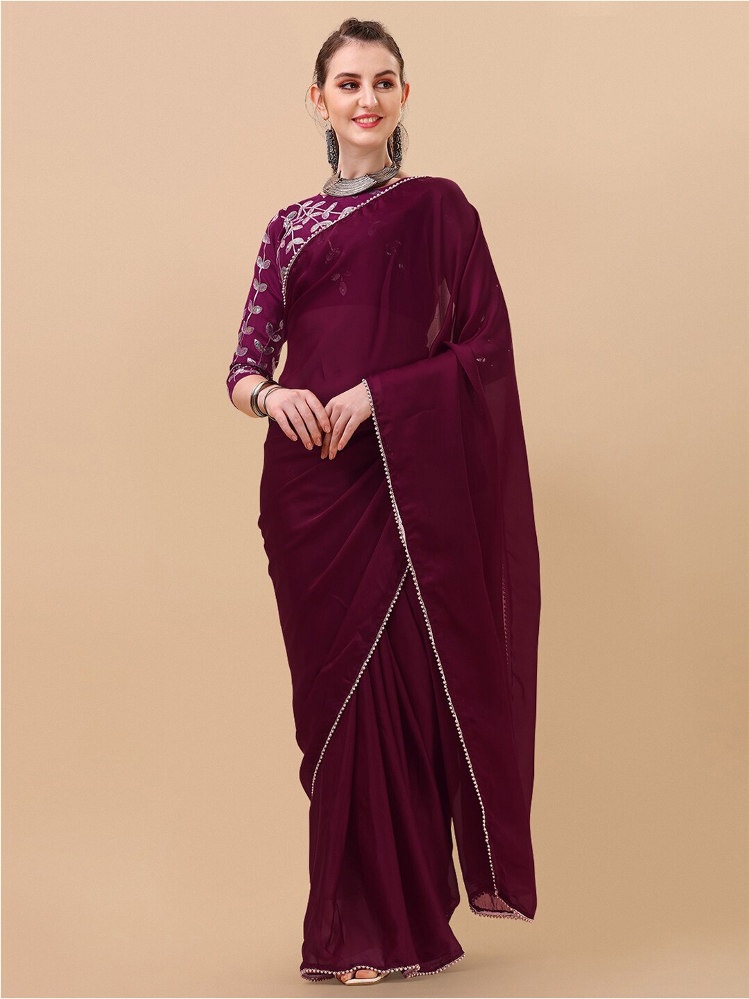 

Sangria Sequinned Satin Saree, Burgundy