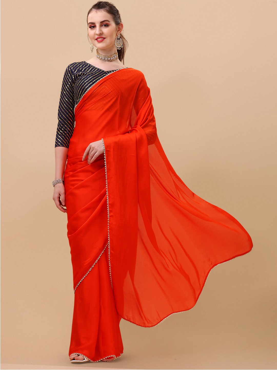 

Sangria Beads and Stones Satin Saree, Orange