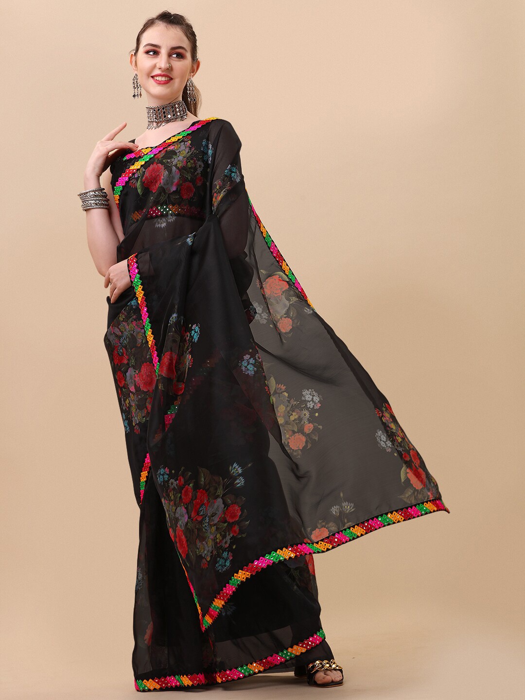 

Sangria Floral Beads and Stones Organza Saree, Black