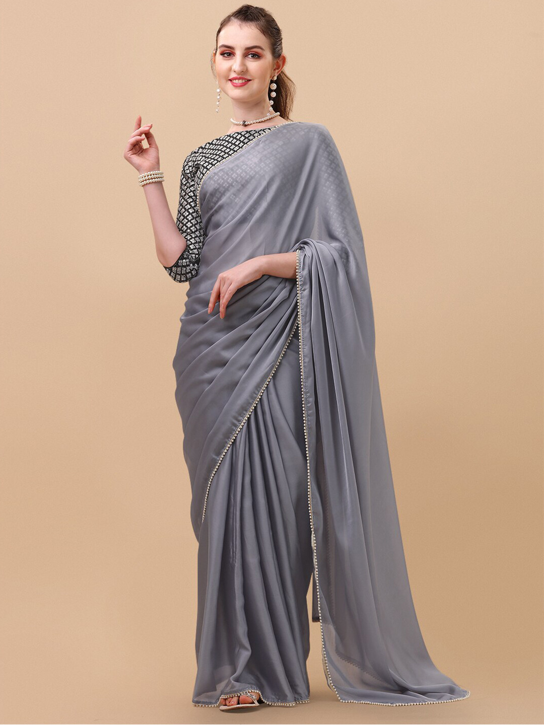 

Sangria Beads and Stones Satin Saree, Grey