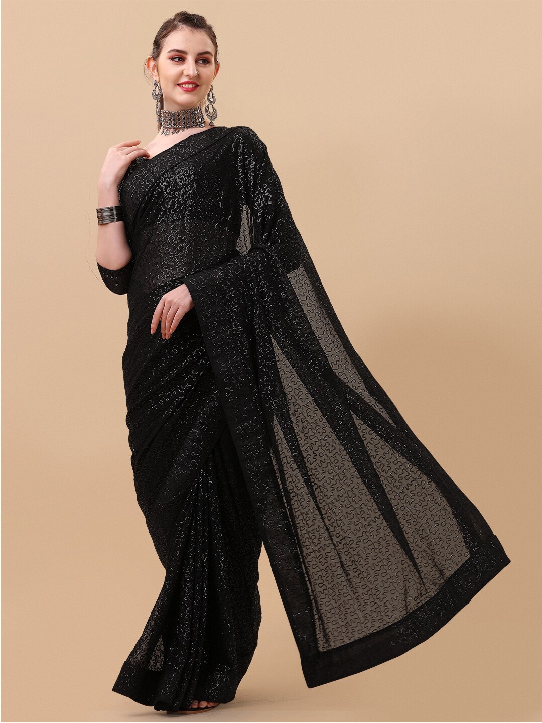 

Sangria Embellished Sequinned Pure Georgette Heavy Work Saree, Black