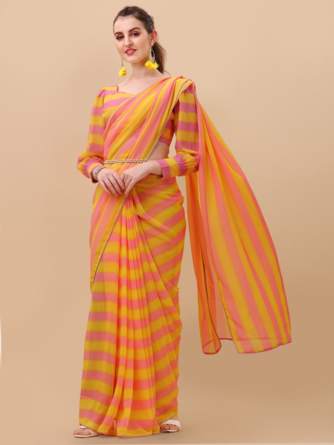 

Sangria Striped Pure Georgette Saree, Yellow