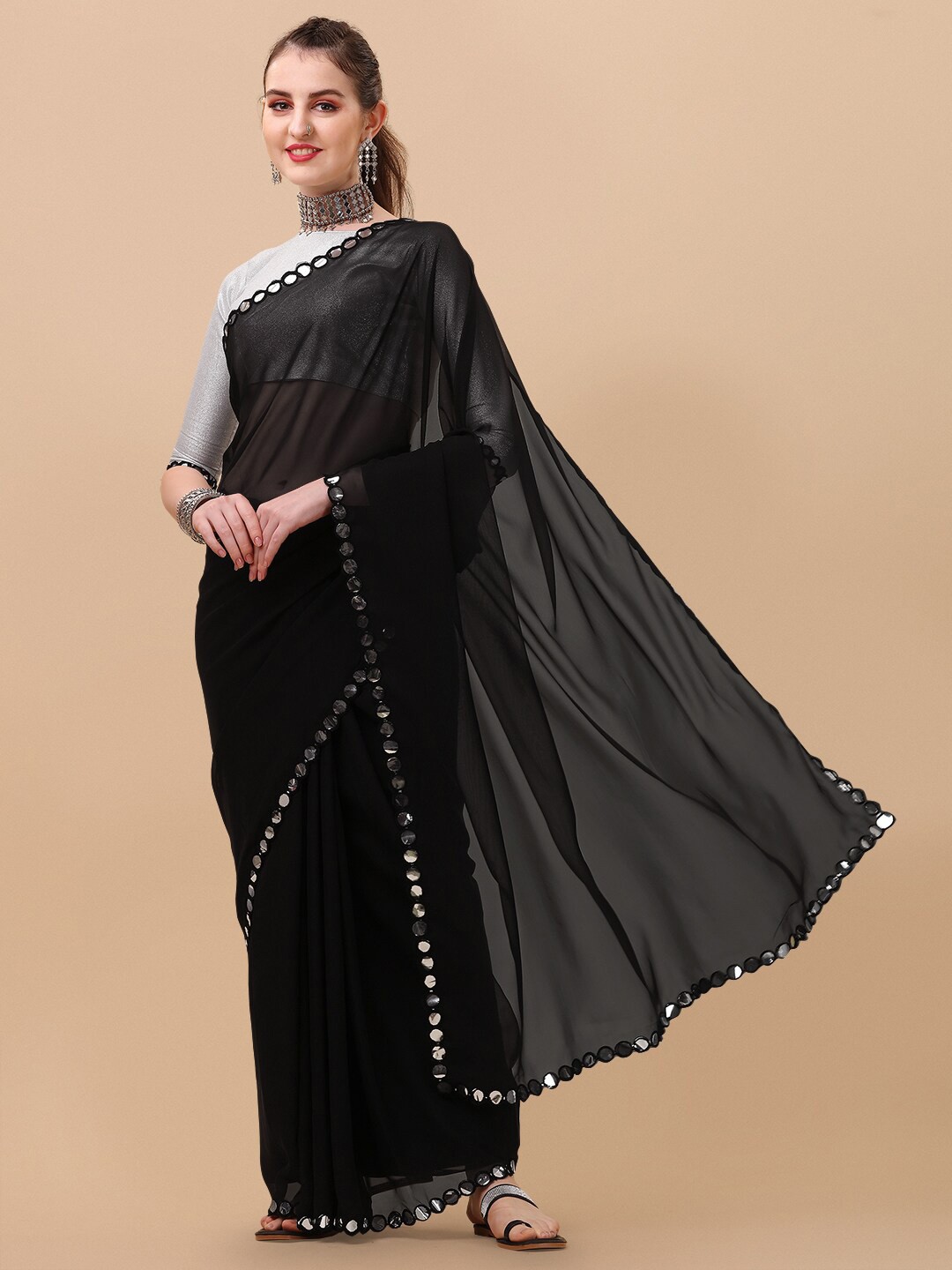 

Sangria Mirror Work Pure Georgette Saree, Black