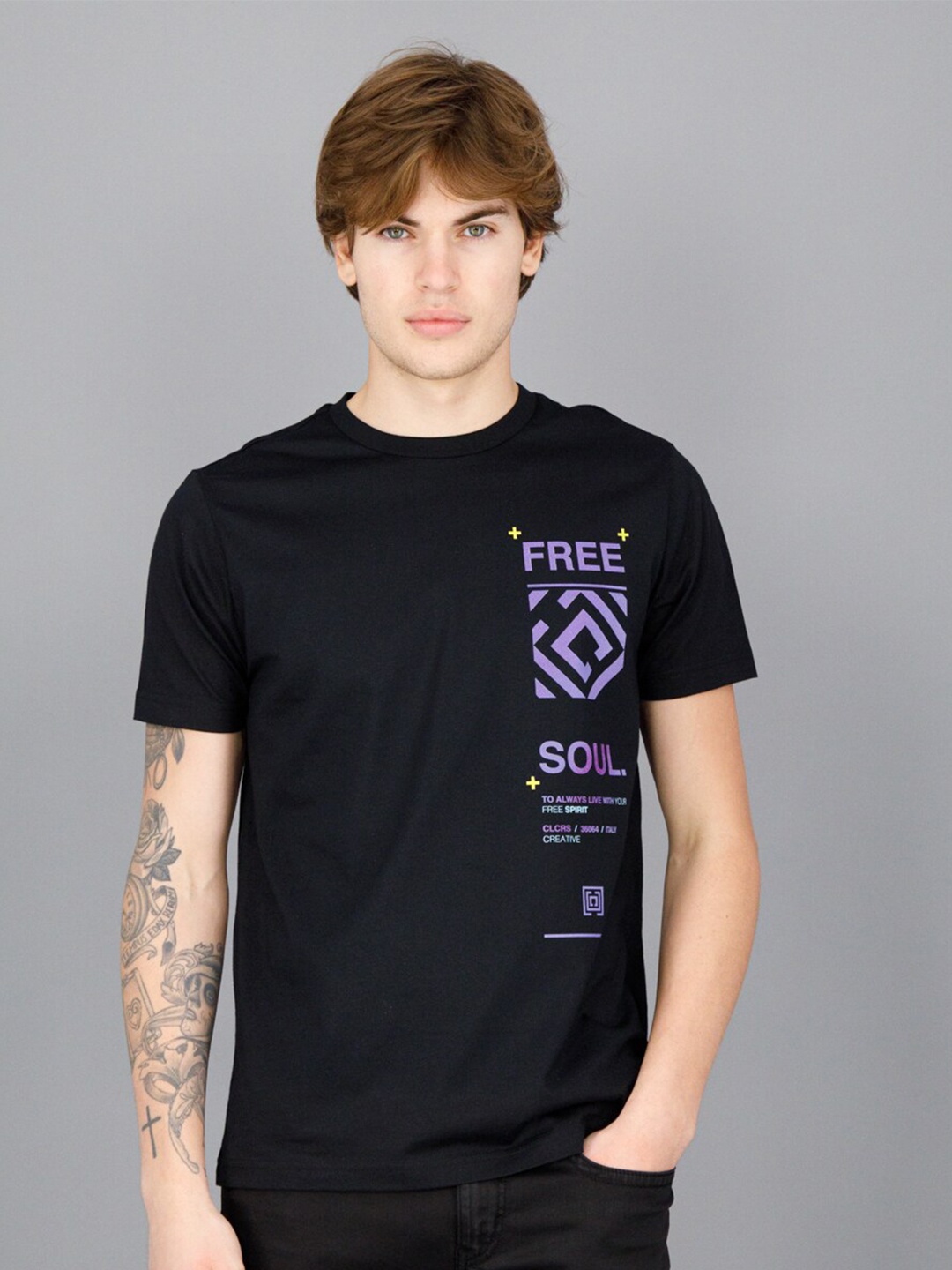 

FREESOUL Men Typography Printed Round Neck Cotton T-shirt, Black