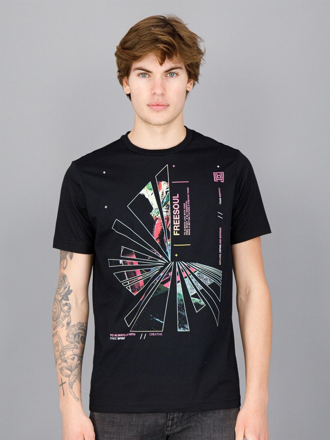 

FREESOUL Men Graphic Printed Cotton T-shirt, Black