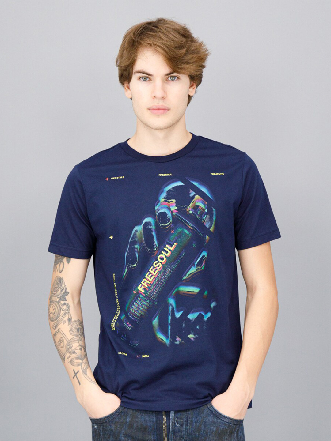 

FREESOUL Men Typography Printed Round Neck Cotton T-shirt, Navy blue