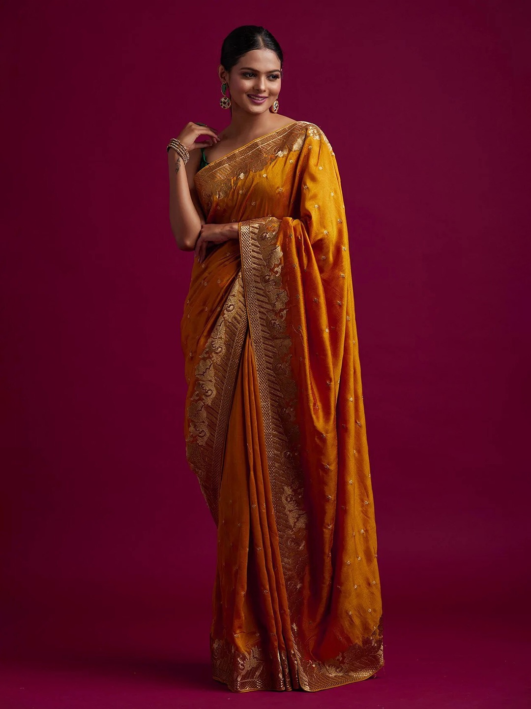 

Mitera Embellished Embroidered Silk Blend Saree, Mustard