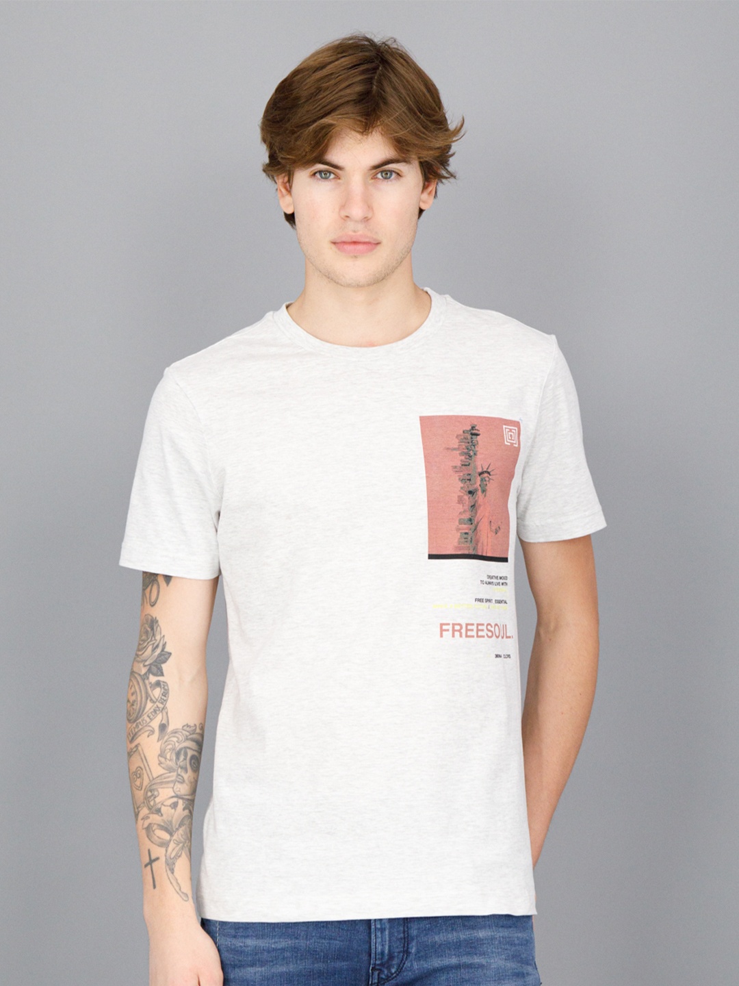 

FREESOUL Men Printed Round Neck Cotton T-shirt, Off white