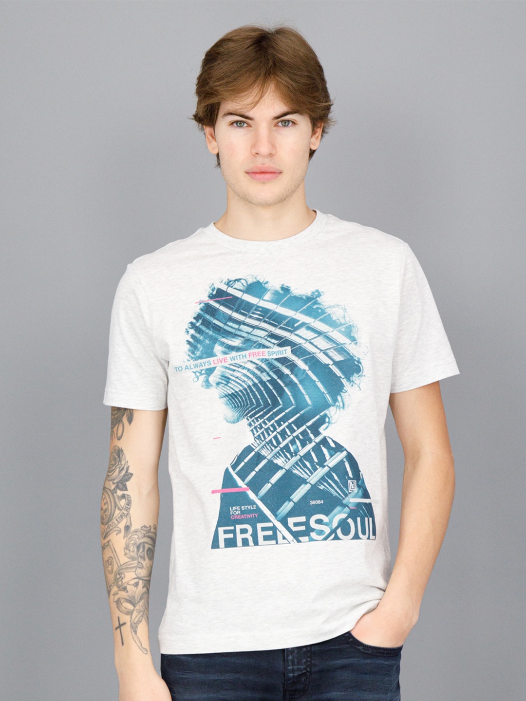 

FREESOUL Men Graphic Printed Round Neck Raw Edge Cotton T-shirt, Off white