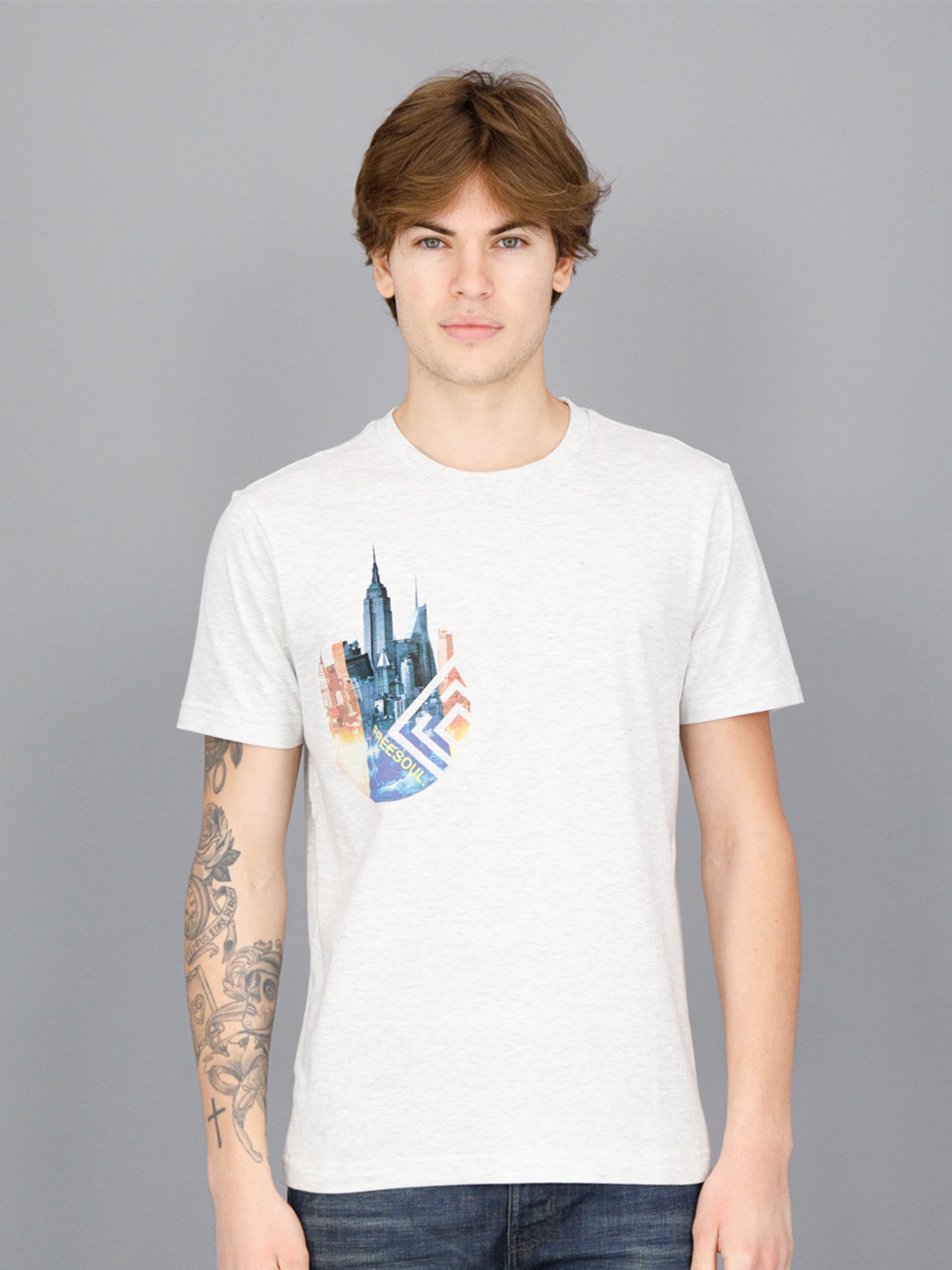 

FREESOUL Men Printed Round Neck Cotton T-shirt, Off white