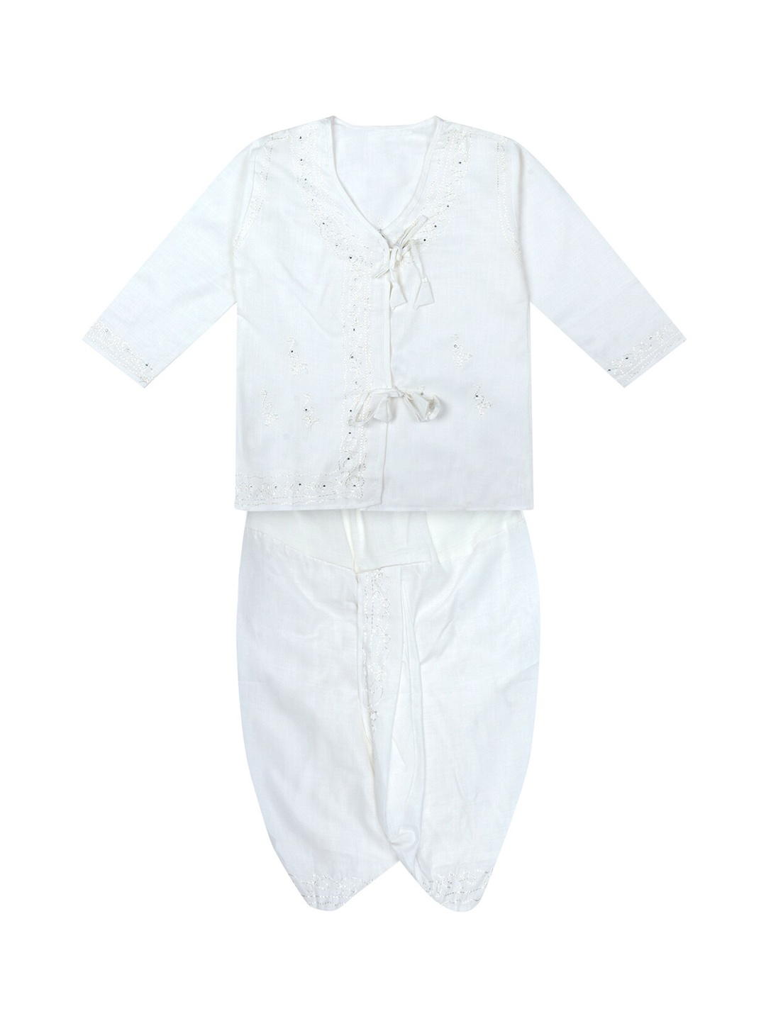 

Superminis Boys White Embroidered Angrakha Thread Work Pure Cotton Kurta with Dhoti Pants