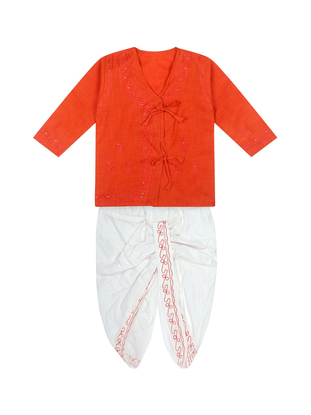 

Superminis Boys Orange Embroidered Angrakha Thread Work Pure Cotton Kurta with Dhoti Pants