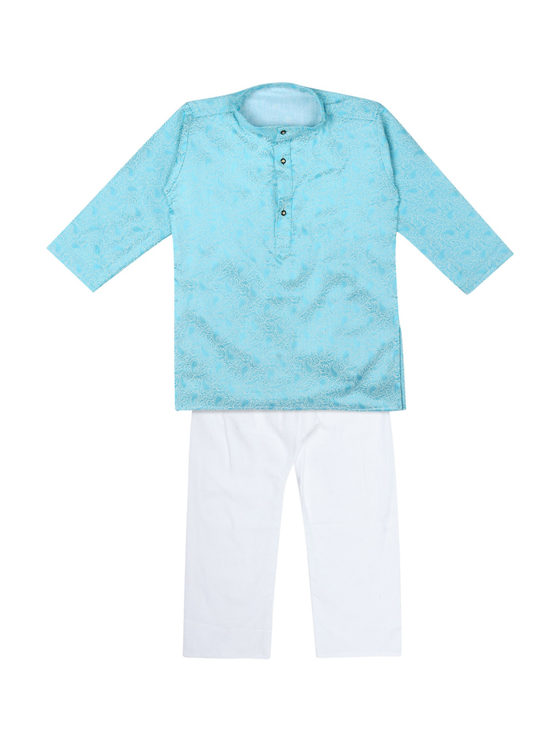 

Superminis Boys Turquoise Blue & White Zari Work Pure Cotton Kurta with Pyjamas