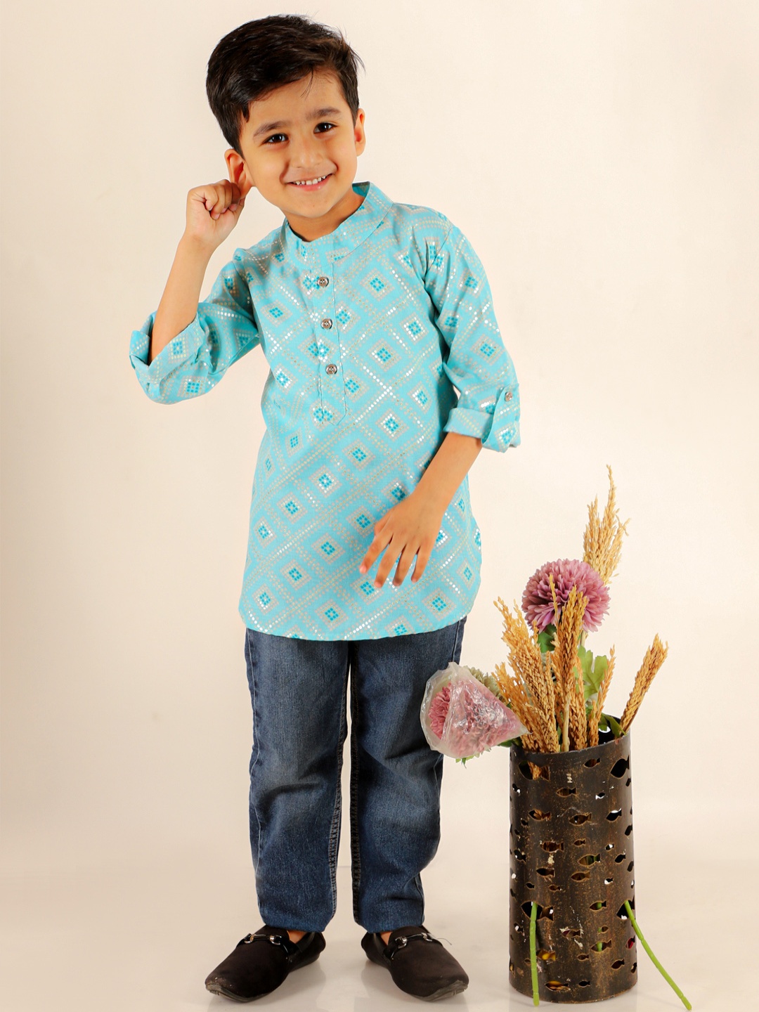 

Superminis Boys Turquoise Blue Ethnic Motifs Foil Printed Kurta