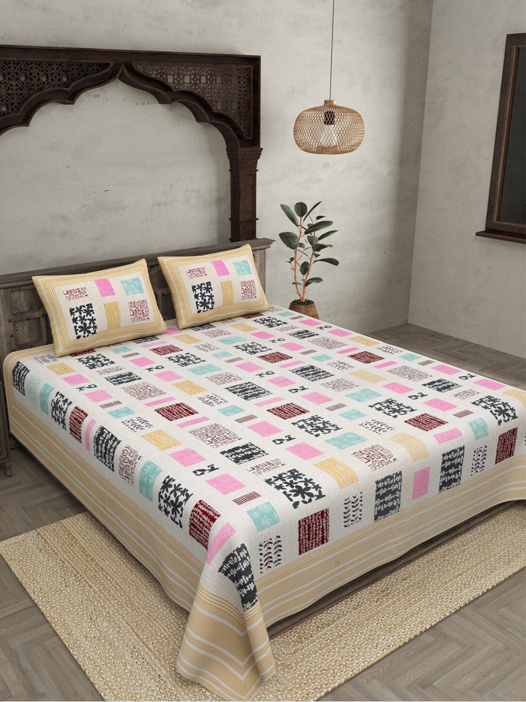 

JAIPUR FABRIC Floral 240 TC Cotton King Bedsheet With 2 Pillow Covers, Yellow