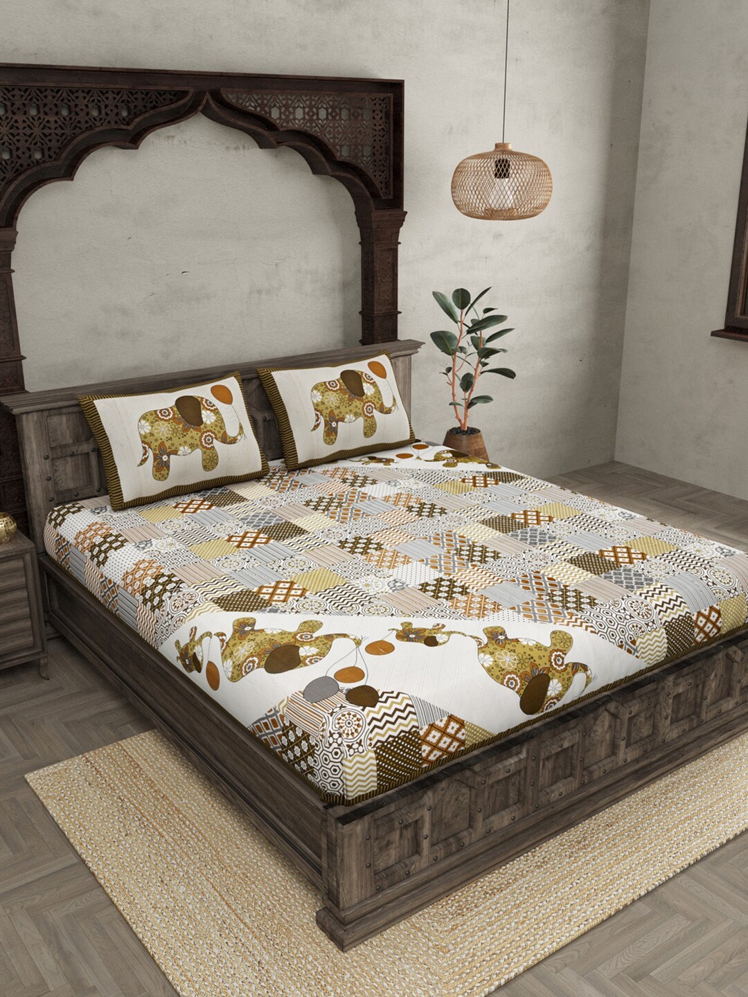 

JAIPUR FABRIC Ethnic Motifs 240 TC Pure Cotton King Bedsheet with 2 Pillow Covers, Olive