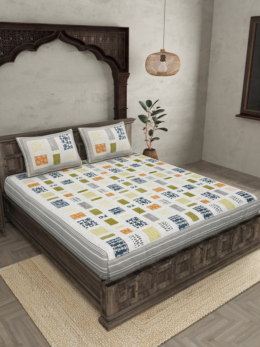 

JAIPUR FABRIC Floral 240 TC Cotton King Bedsheet with 2 Pillow Covers, Grey
