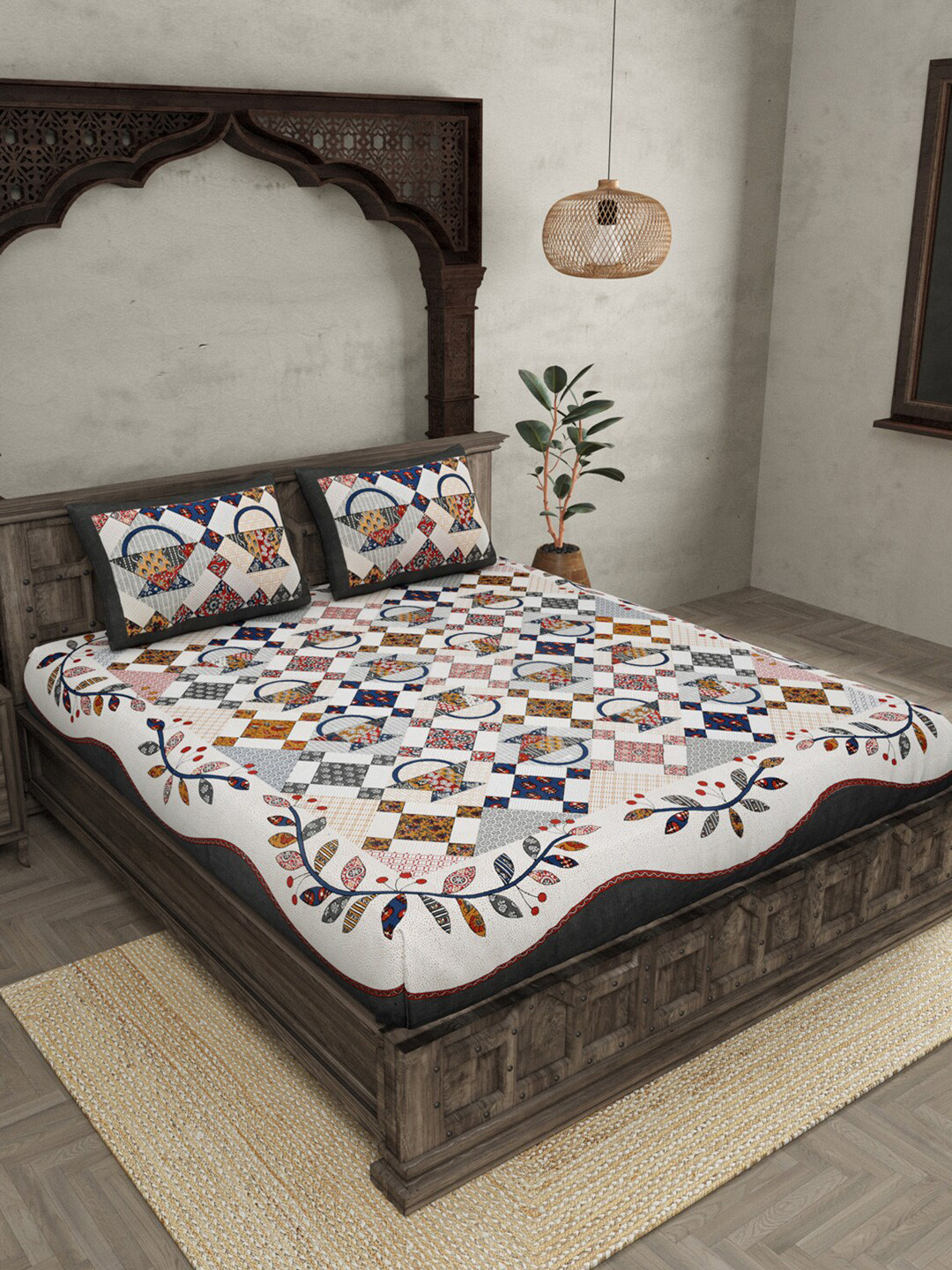 

JAIPUR FABRIC Off White & Blue Ethnic Motifs King Cotton Bedsheet with 2 Pillow Covers