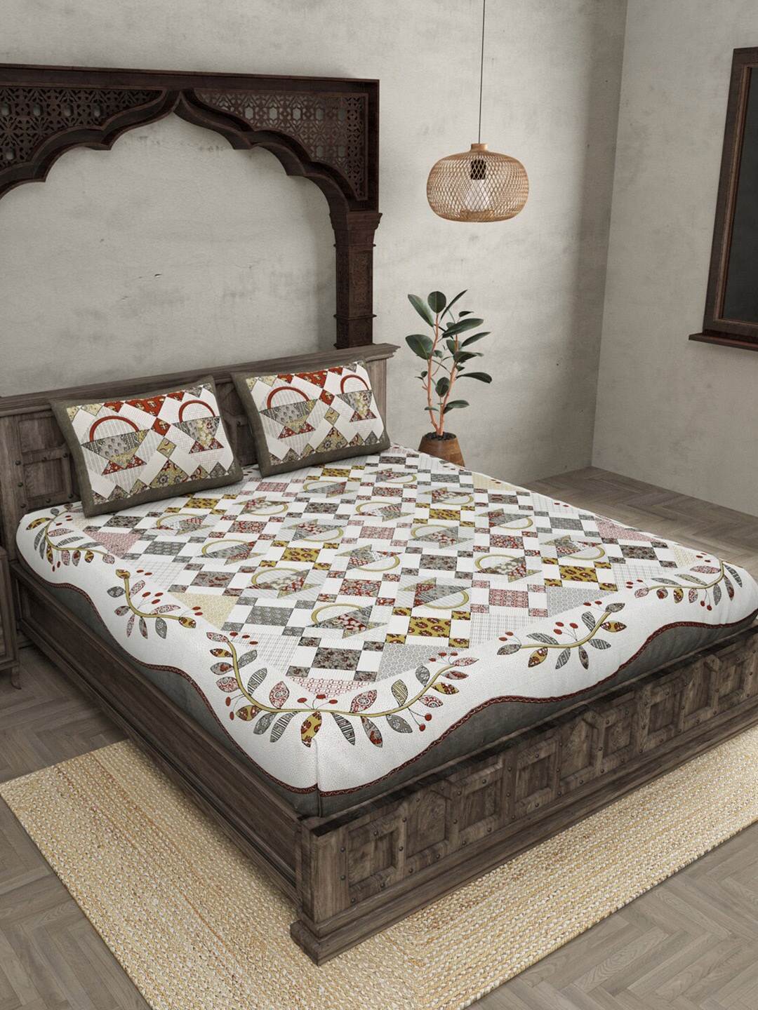 

JAIPUR FABRIC Geometric 240 TC Motifs Cotton King Bedsheet with 2 Pillow Covers, Green
