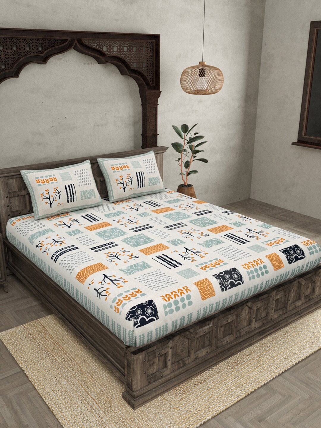 

JAIPUR FABRIC Floral 240 TC Motifs Cotton King Bedsheet with 2 Pillow Covers, White