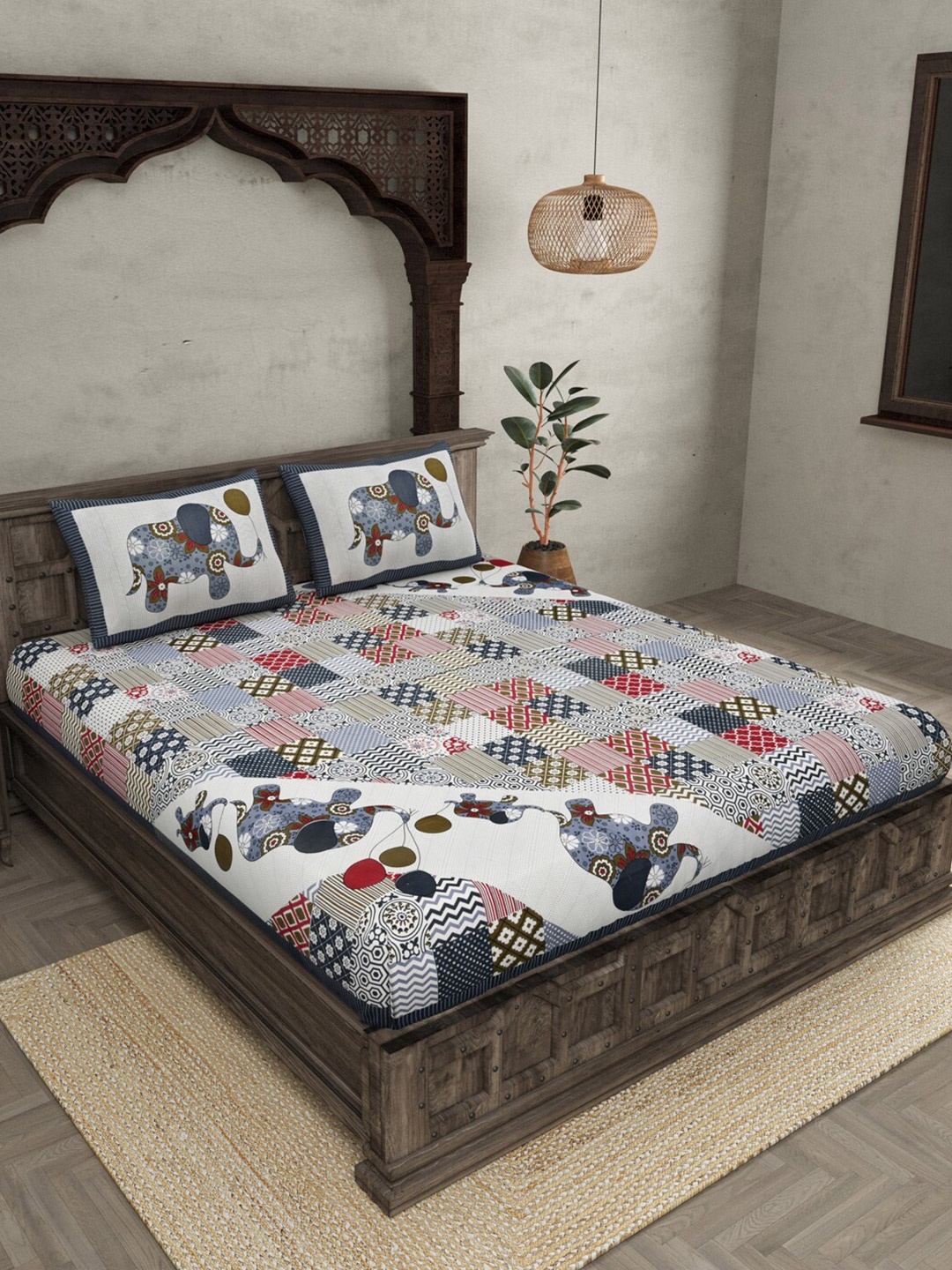 

JAIPUR FABRIC Ethnic Motifs 240 TC Motifs Pure Cotton King Bedsheet with 2 Pillow Covers, Off white