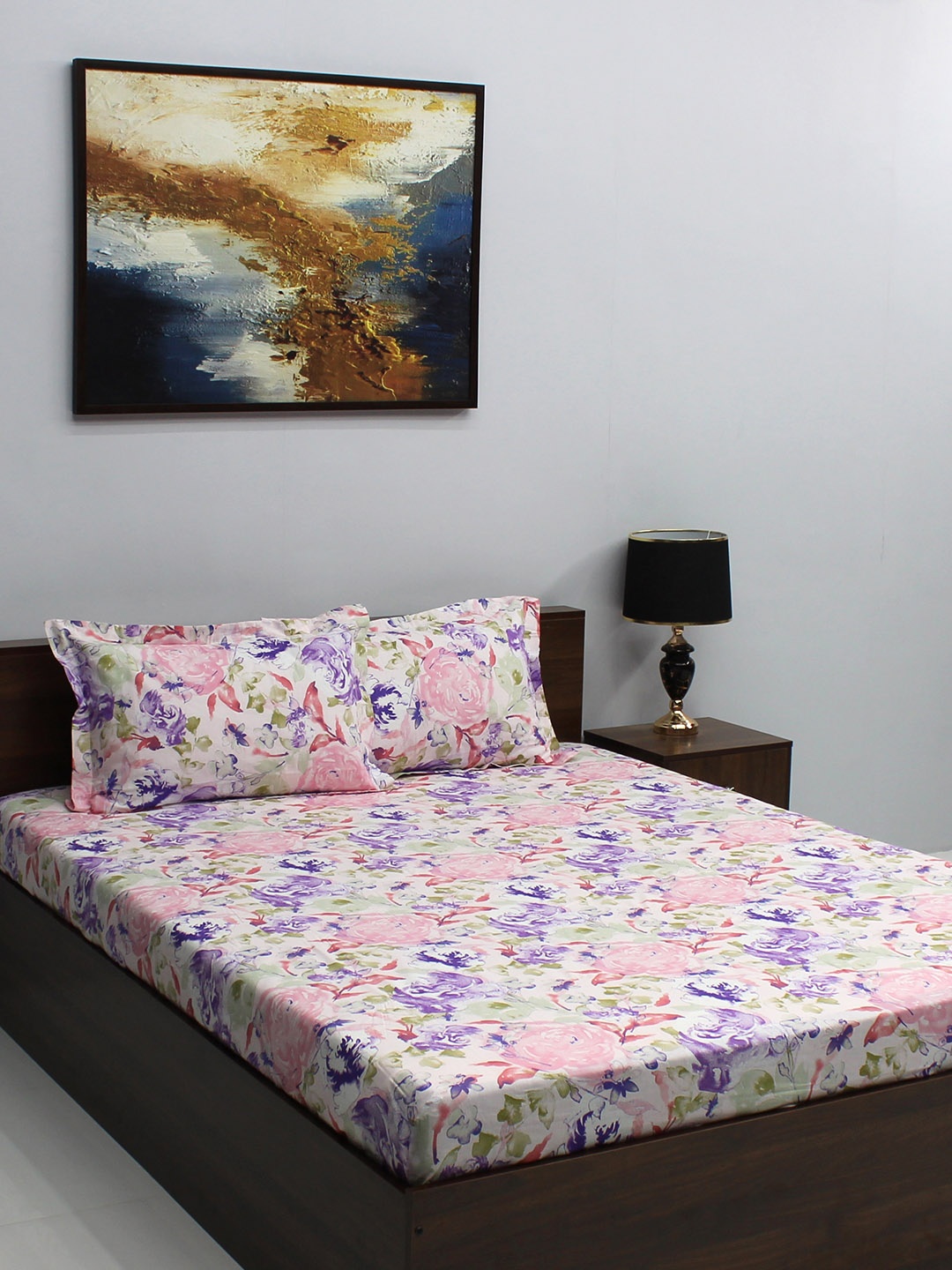 

BOMBAY DYEING Floral Printed 144 TC Cotton King Bedsheet with 2 Pillow Covers, Purple