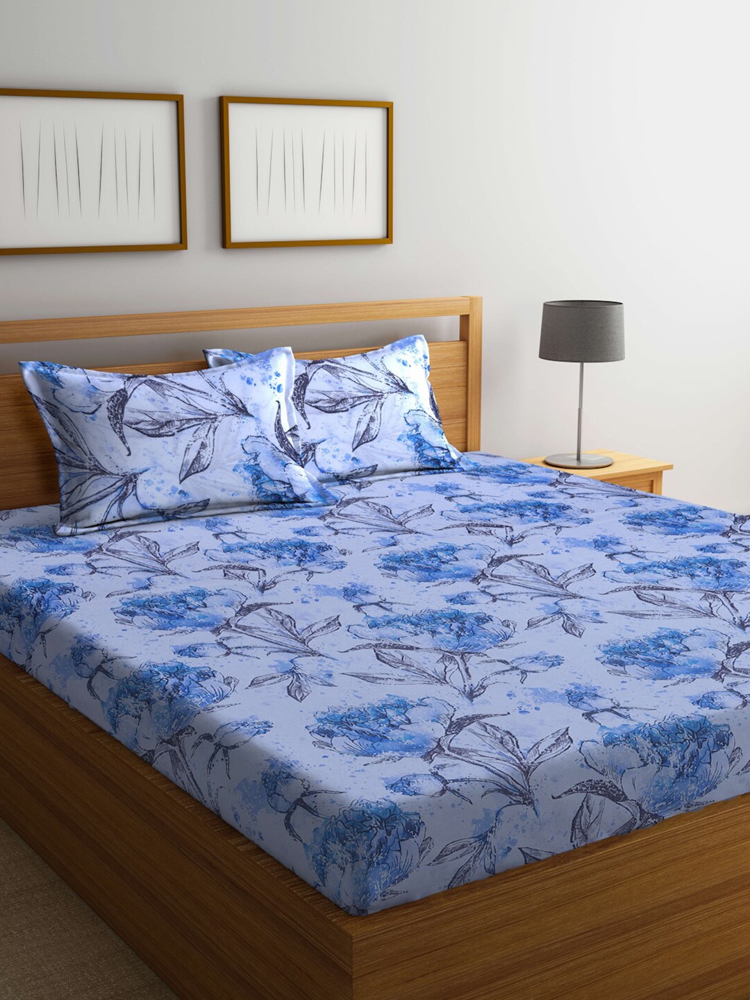 

BOMBAY DYEING Floral Printed 100 TC Cotton King Bedsheet with 2 Pillow Covers, Blue