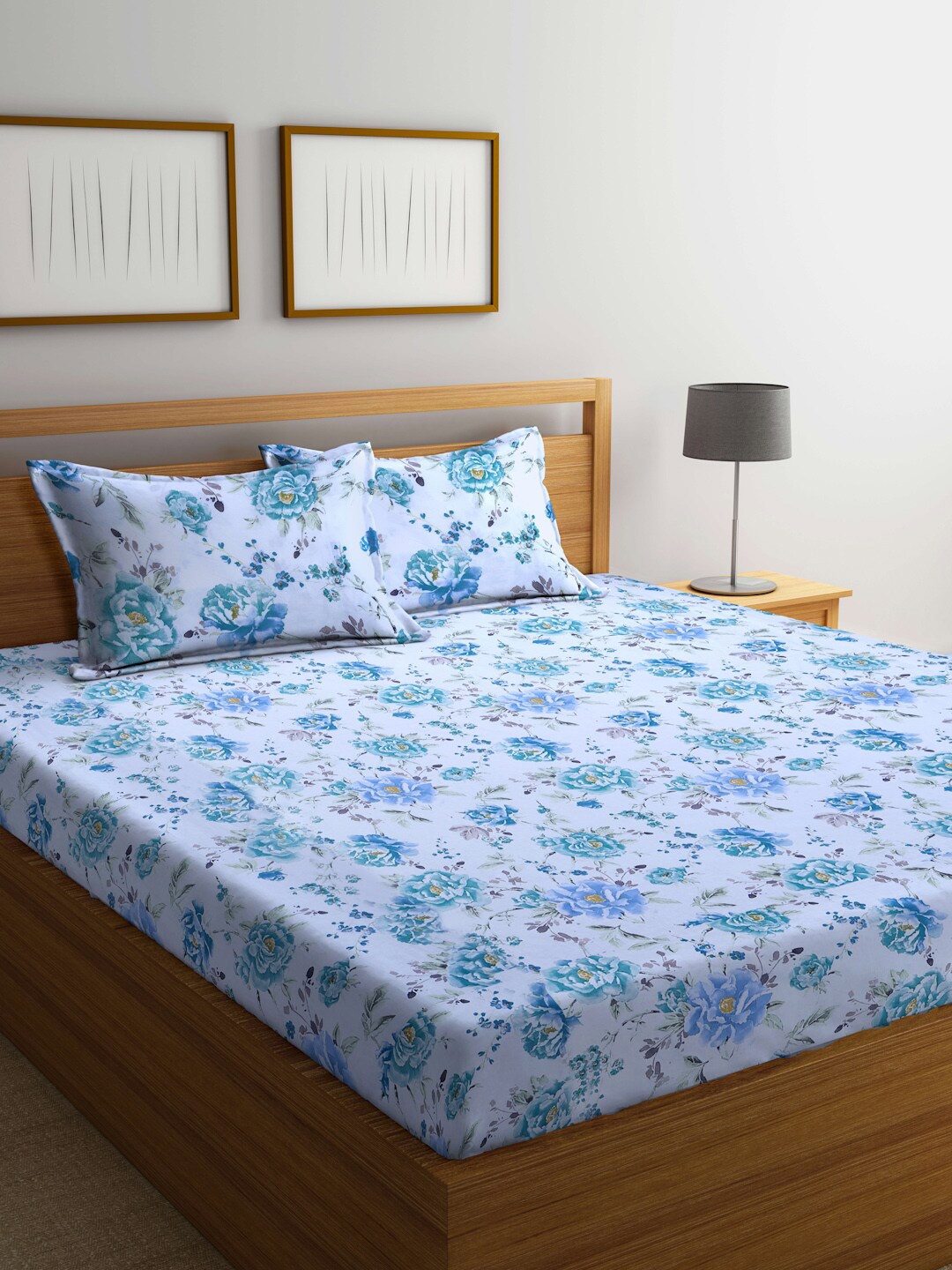 

BOMBAY DYEING Floral Printed 144 TC Cotton King Bedsheet with 2 Pillow Covers, Blue