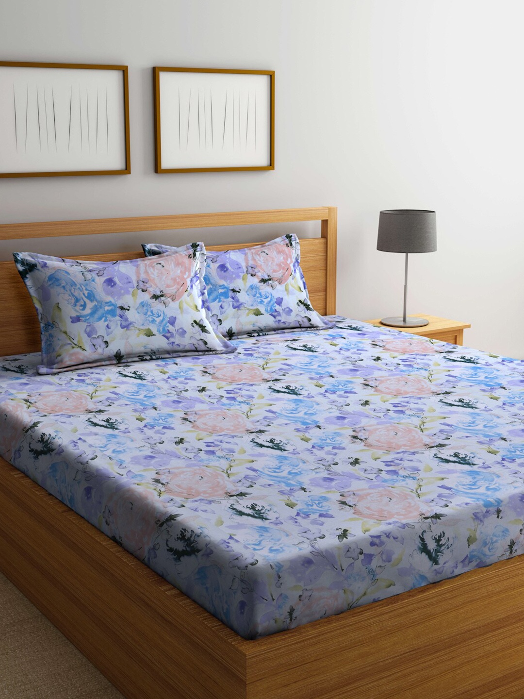 

BOMBAY DYEING Floral Printed 144 TC Cotton King Bedsheet with 2 Pillow Covers, Blue