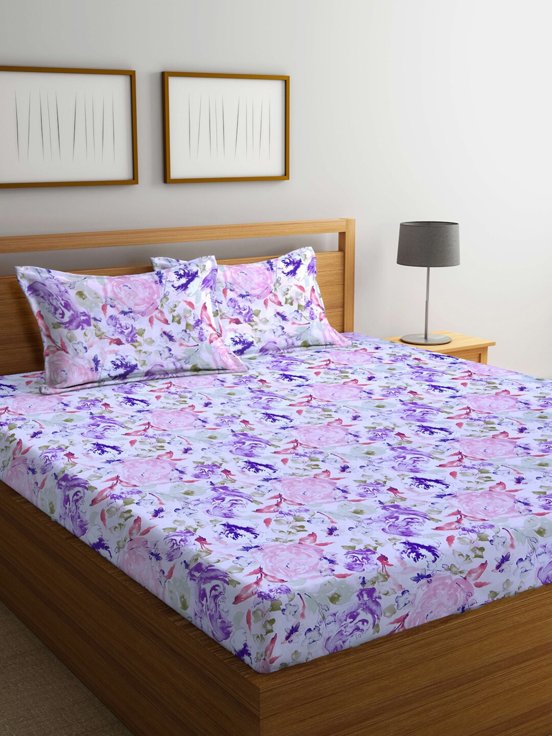 

BOMBAY DYEING Floral Printed 144 TC Cotton Queen Bedsheet with 2 Pillow Covers, Purple