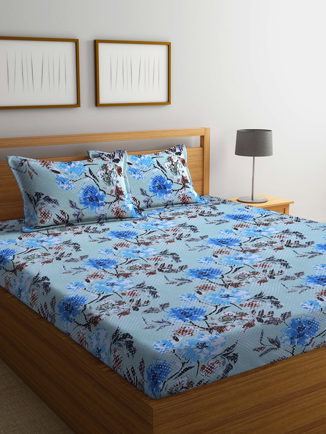 

BOMBAY DYEING Blue & Brown Floral Cotton 100 TC Queen Bedsheet with 2 Pillow Covers